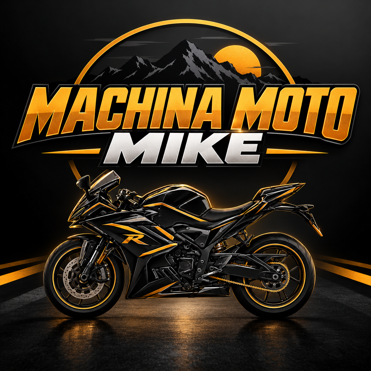 Machina Moto Mike motorcycle motovlog logo featuring a black and gold sportbike with mountain background